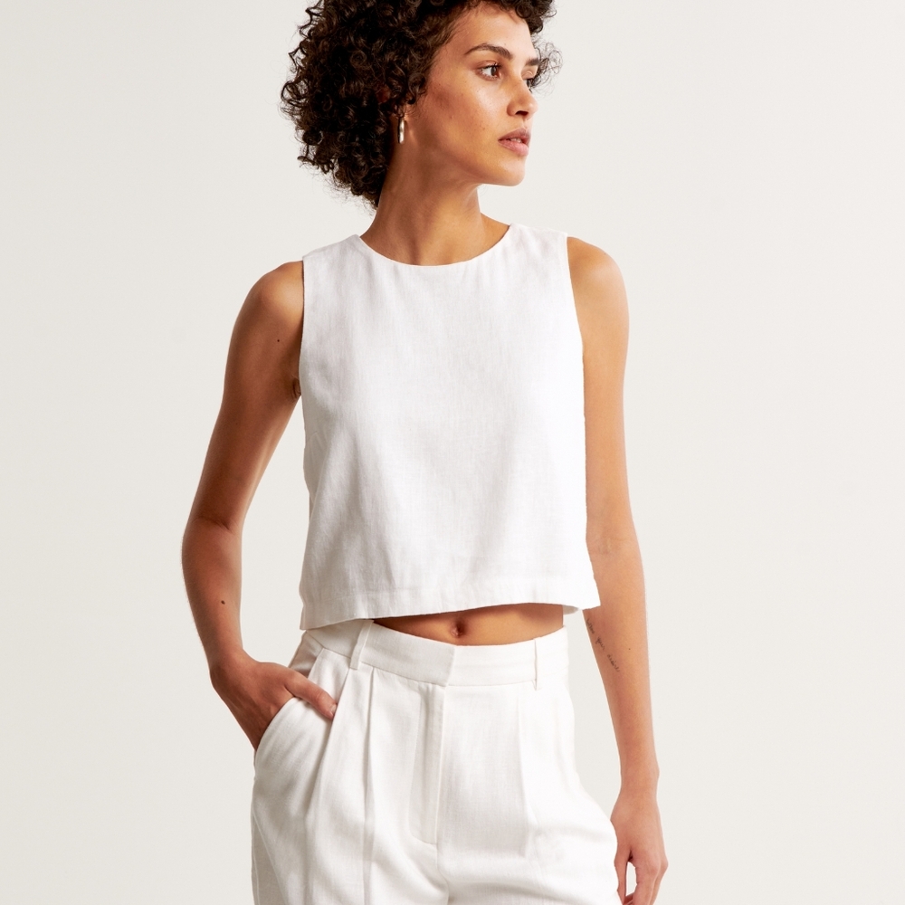 Linen-Blend High-Neck Set Top Olive